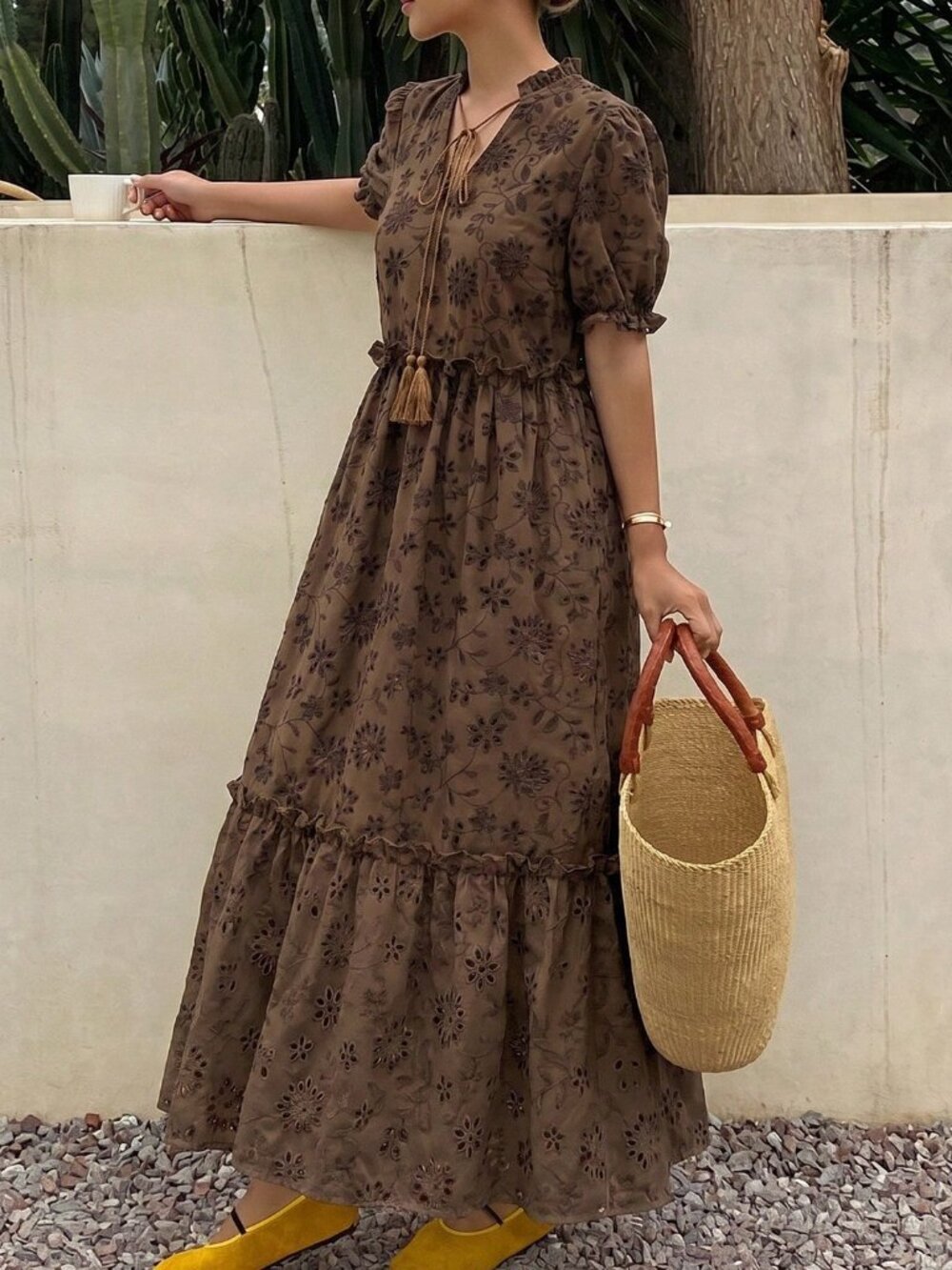 Brown Boho Women's All-Over Print Pleated Casual Party Travel Long Sundress - Picture 3 of 5